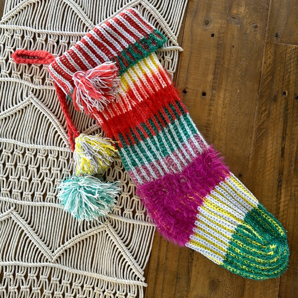 Anthropologie knit Pom Pom Christmas  stocking - Picture 2 of 7